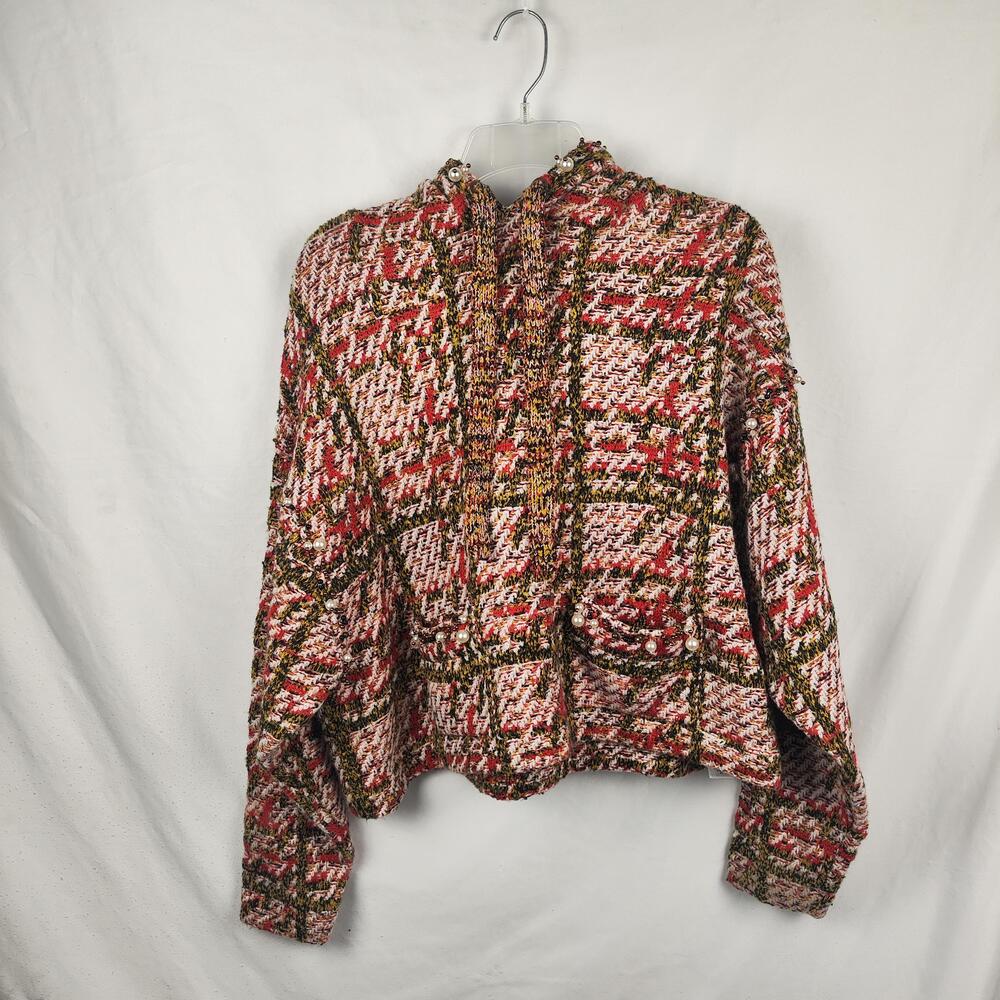Zara Sweater Womens Large Multicolor Plaid Beaded Cowl Neck Hooded Knit Pullover